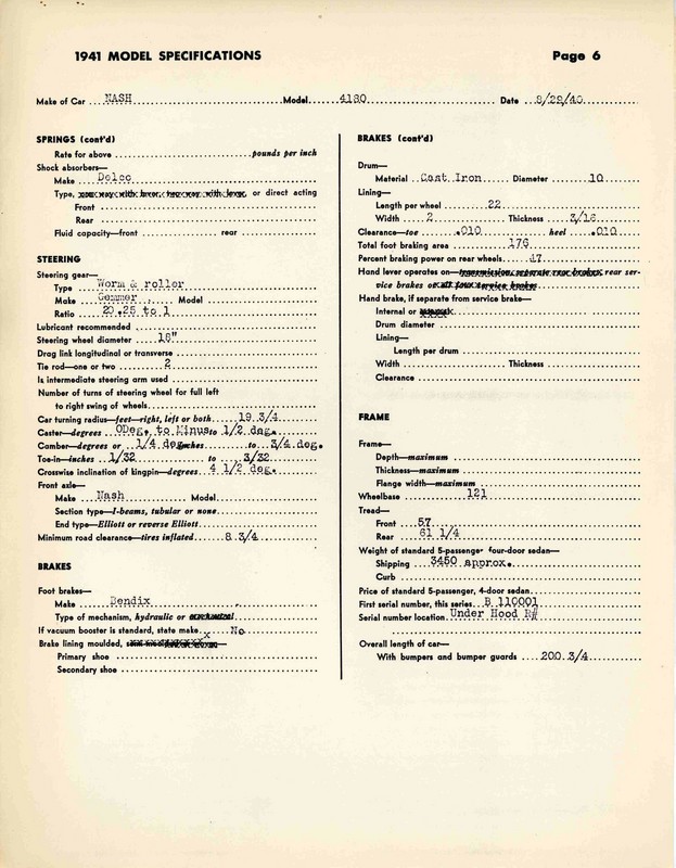 1941 Nash Specifications Page 7